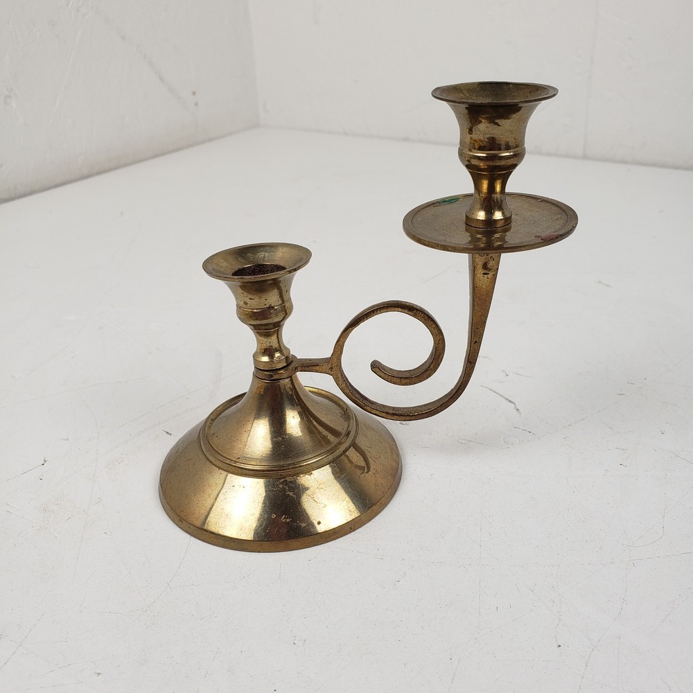 Brass Candelabra 2 Arm Candle Holder Unique Spiral Scroll Staggered Double Arm